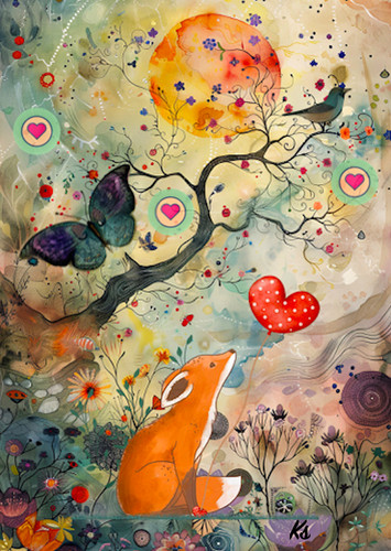 Whimsical collage fox hearts